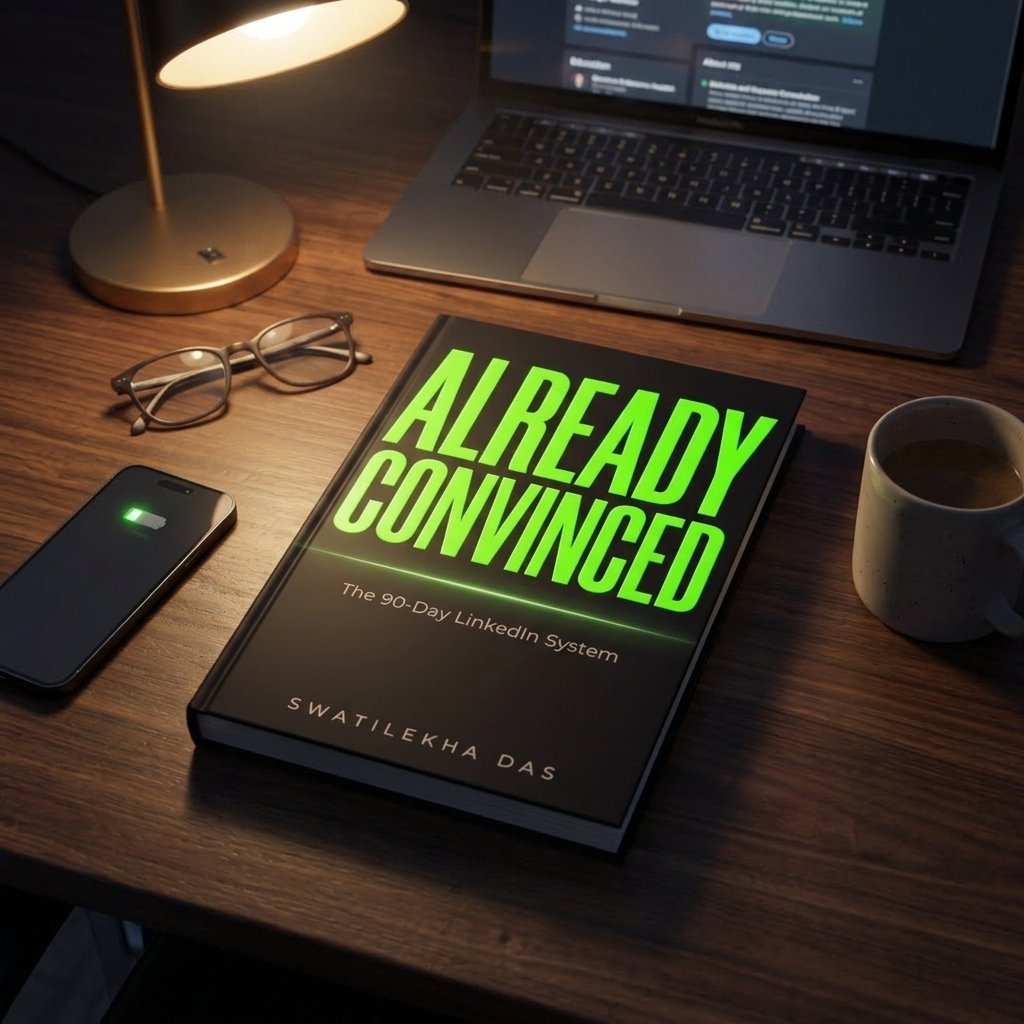 Already Convinced book on desk with LinkedIn profile open on laptop